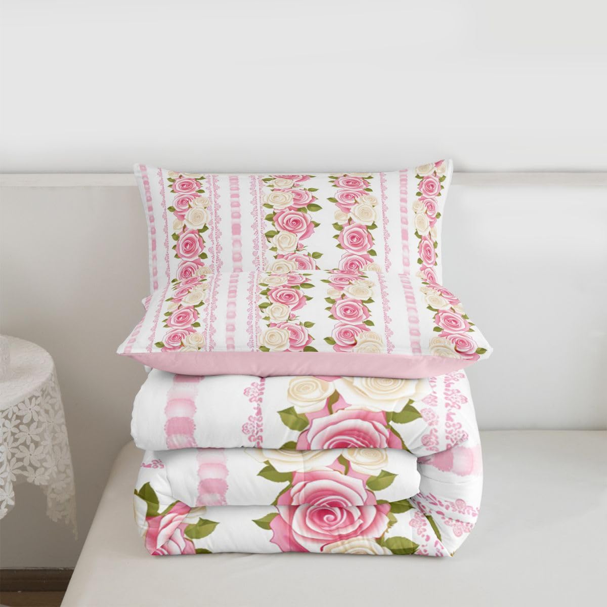 jejeloiu Pink Rose Comforter Set All Season Romantic Flower Floral Bedding Set with 1 Pillow Cases Farmhouse Microfiber Kids Toddler Bedclothes Bedroom Decor Duvet Quilt Breathable Soft Lightweight