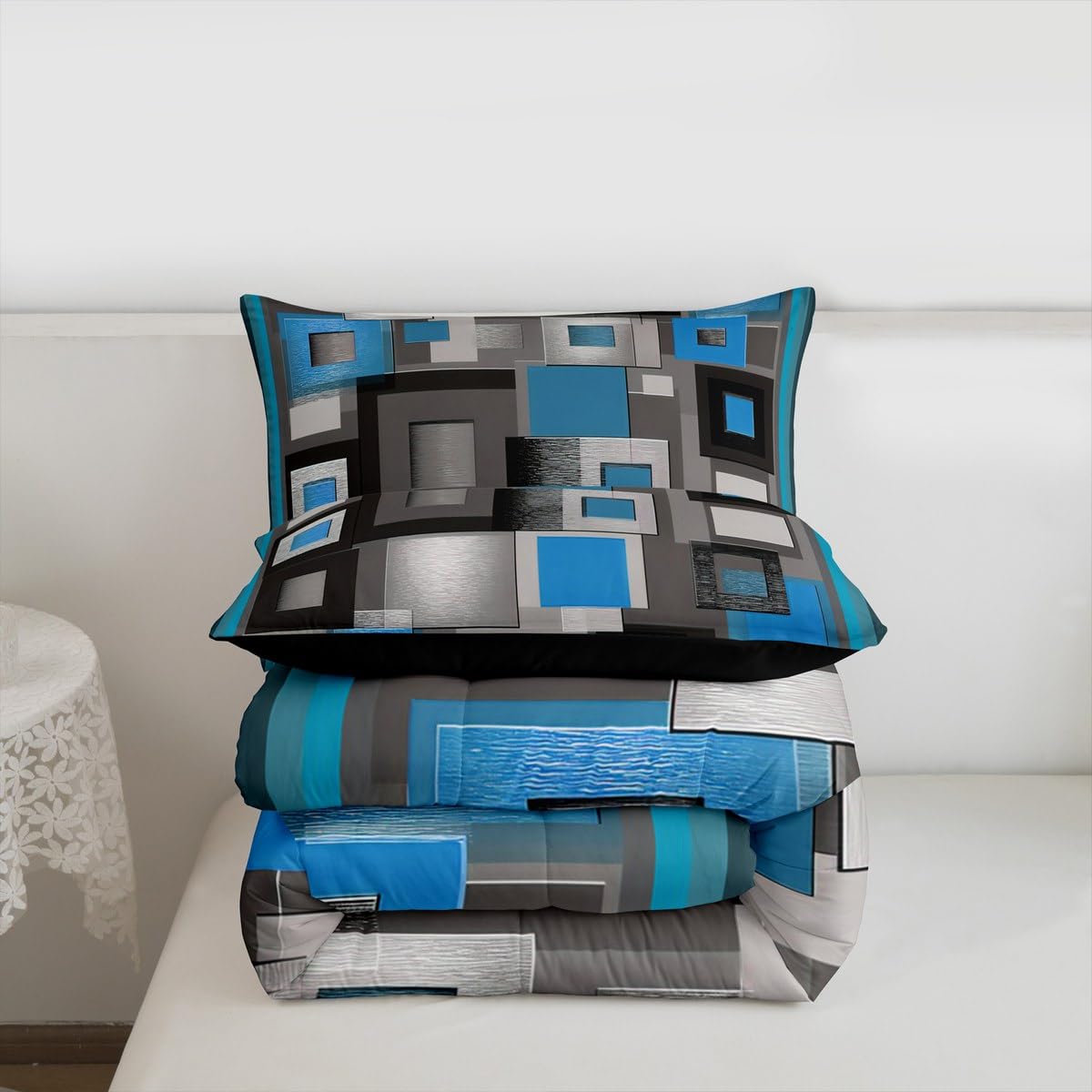 Castle Fairy Modern Comforter Set Queen Size,Blue White Gray Square Bedding Set for Kids Boys Girls Bedroom Decoration,Abstract Grid Art Bed Duvet Insert,Geometric Comforter with 2 Pillowcase