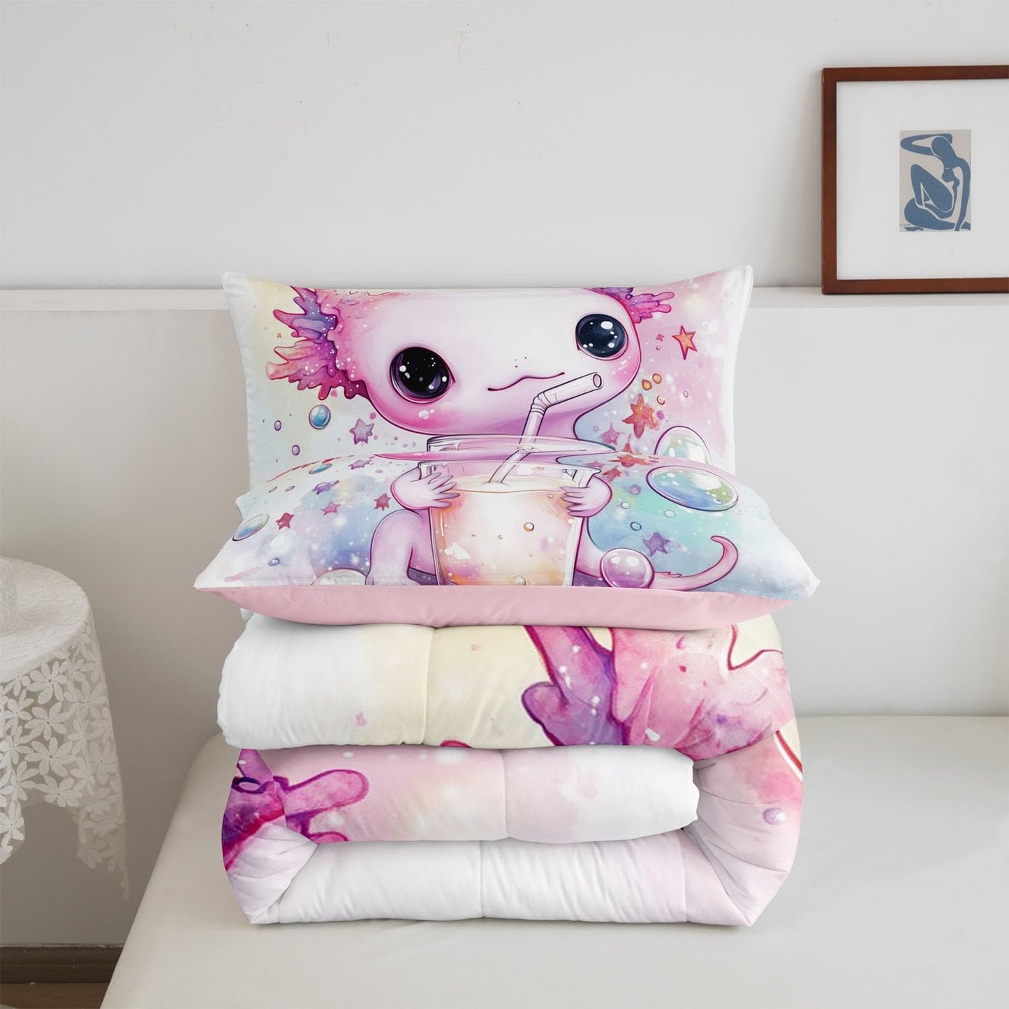 Feelyou Pink Cute Axolotl Comforter Set Twin Size Kids Cartoon Salamander Drink Bedding Set Boys Teens Kawaii Ocean Sealife Comforter Gift for Girls Women Duvet Set Bubble Quilt Set