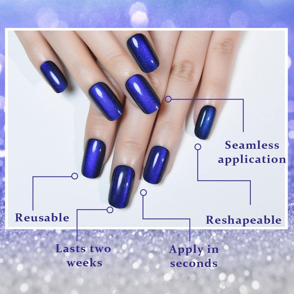 Royal Blue Cat Eye Press on Nails Medium Square, Medium Square Press Stick on Nails Chrome for Women Gift, Blue Holographic Glitter Glossy Reusable Soft Gel Acrylic Fake Nail with Cateye Effect Design