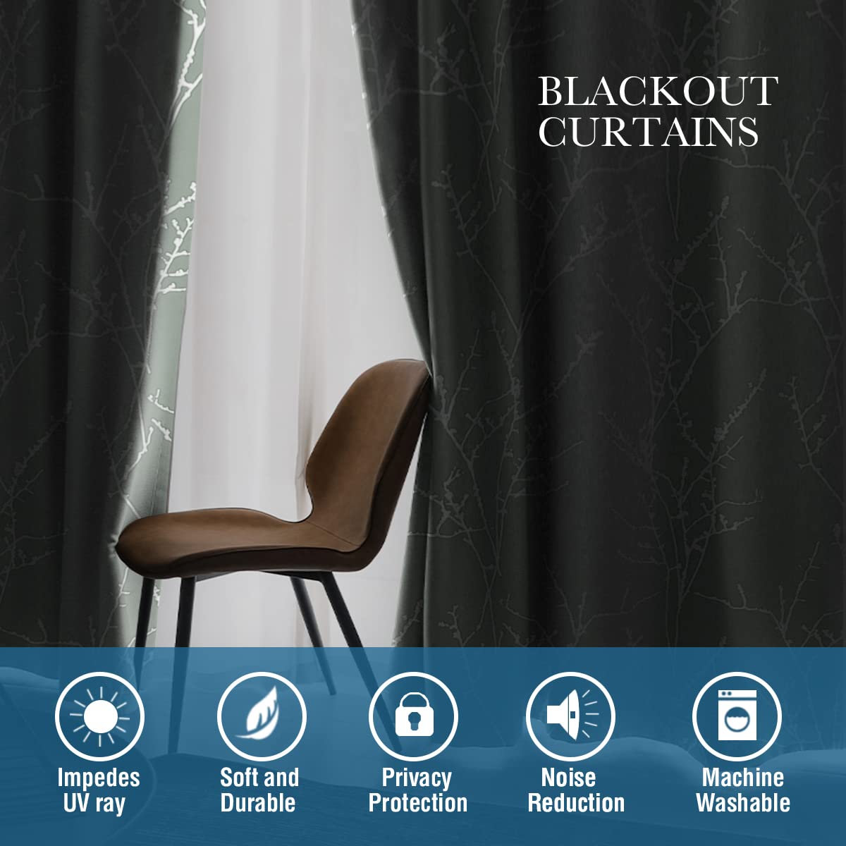 H.VERSAILTEX Blackout Curtains for Bedroom Foil Print Twig Tree Branch Thermal Insulated Grommet Curtain Drapes Light Blocking Thick Soft Window Curtains for Living 52 x 84 Inch, 2 Panels, Sage