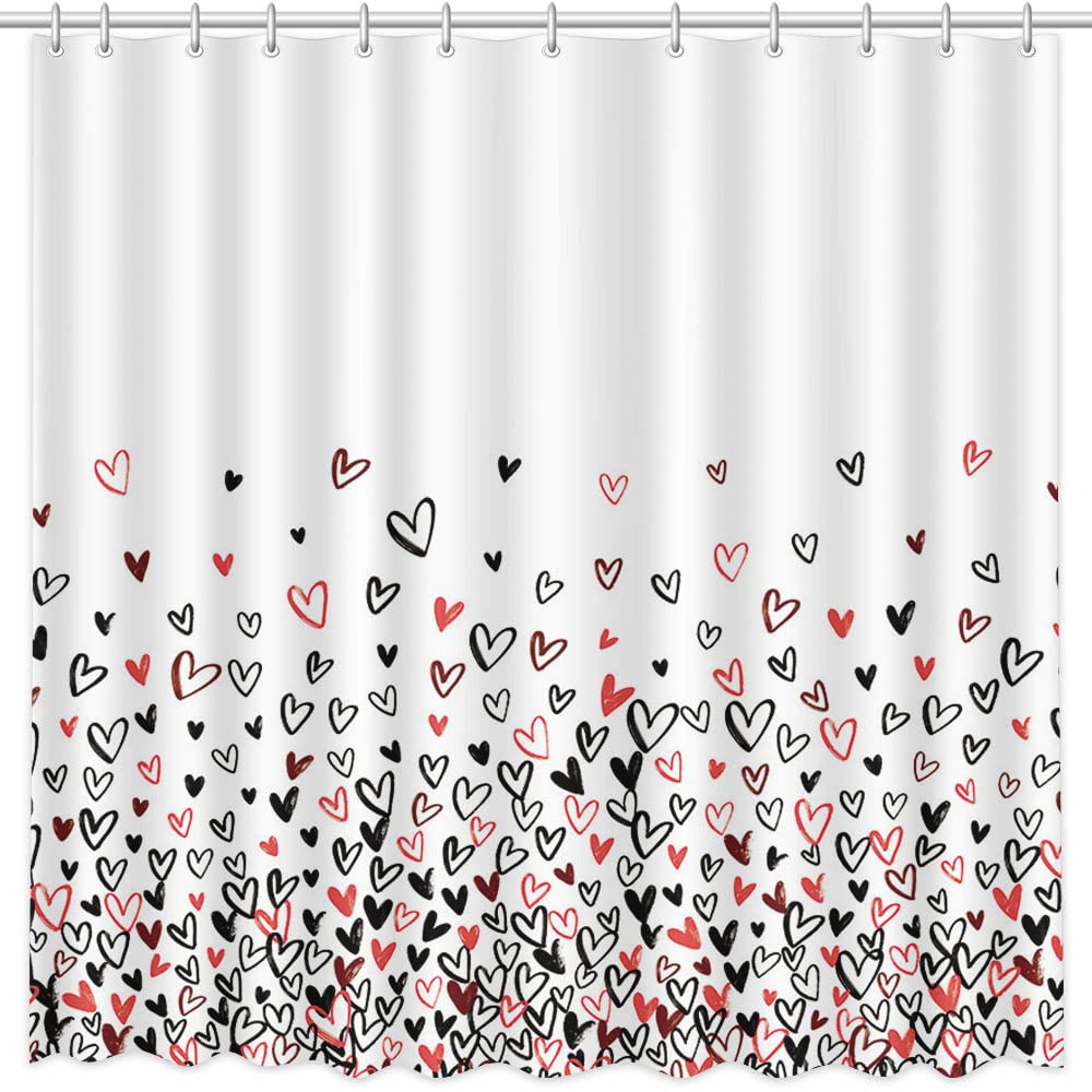 AIBIIN Black and Red Heart Shower Curtain for Bathroom Decorations with 12 Plastic Hooks Polyester Bathtub Decor Polyester Fabric Shower Curtains Set 72x72in