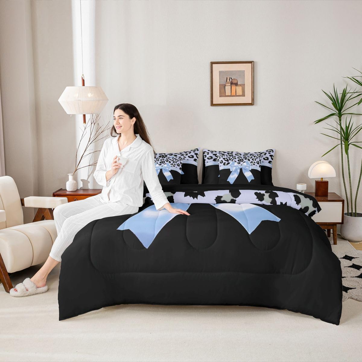 Feelyou Blue Silk Bowknot 7 Piece Bedding Set Queen Size Grey Leopard Comforter Set with Sheets for Kids Girls Women Black Blue Bed in a Bag Sweet Romantic Bed Set