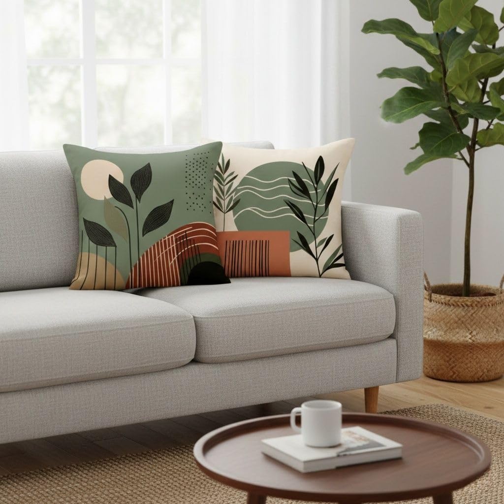 Hopomoon Green Abstract Throw Pillow Covers 18x18 Inches Set of 4,Sage Green and Terracotta Mid Century Modern Botanical Leaves Sun Decor Plush Pillowcases for Sofa Couch Living Room