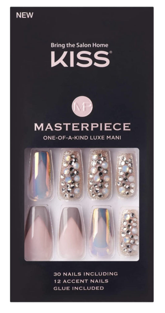 KISS Masterpiece One-Of-A-Kind Luxe Mani Premium Special Effects Design Coffin Shape Glossy Iridescent Glue-On Long Length Nails with Faux Jewels MP01 Love It