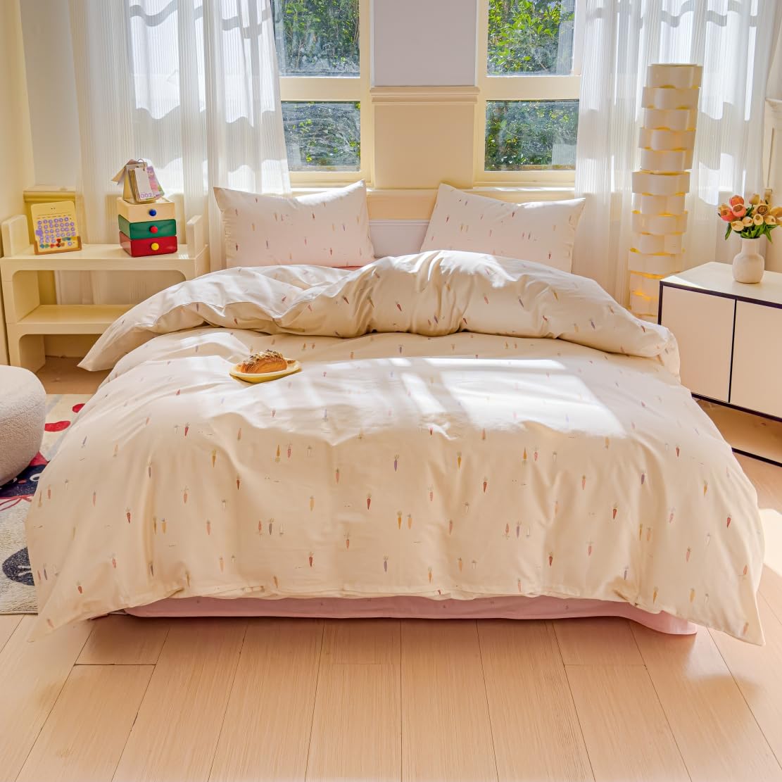 LIWHENHAO Duvet Cover Set Queen 100% Cotton Bedding Cartoon Cute Colorful Carrot Print on Cream White 1 Farmhouse Style Beige Comforter Cover Full 2 Pillowcases for Kids Girls Boys Woman