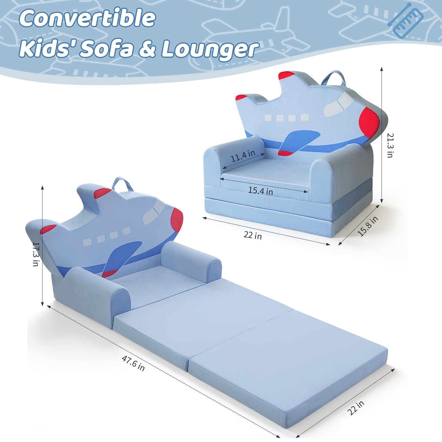 KKS KAKINNSYUU Toddler Couch 2 in 1 Flip-Out Kids Couch, Fold Out Foam Kids Sofa with Soft Washable Cover, Airplane Design for Playroom