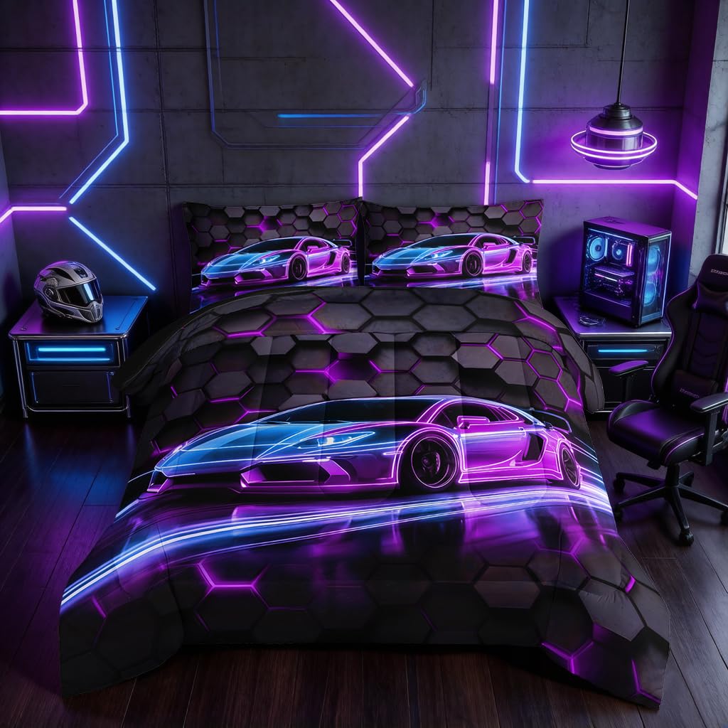 HOSIMA Boys Race Car Queen Bedding Sets,Honeycomb Geometric Background Neon Pattern Cool Extreme Sports Bedding for Kids Men Car Room Decor,Gaming Comforter with 2 Pillowcases.