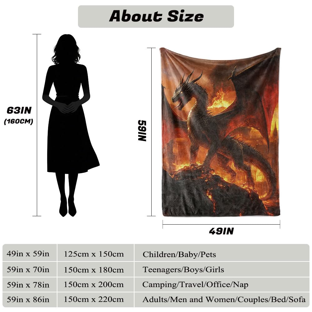 HUNXIAOJ Book Dragon Throw Blanket Dragon Gifts for Kids Animal Print Blanket Warm Soft Flannel for Kids Teens Adults Bed Sofa Couch (49in x 59in)