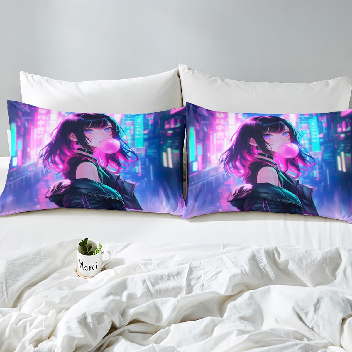 Erosebridal Anime Girl Bedding Set Full Size, Kawaii Japanese Anime Bed Sheets for Kids Boys Teens Adult Women, Cartoon Girl Fitted Sheet Japan Animation Bedroom Decor, Machine Washable