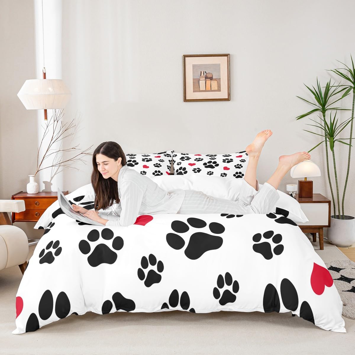 Homewish Black Footprints Duvet Cover Set Dog Paw Cat Paw Heart Love Puppy Feet Print Bedding Set 3pcs Fashion Comforter Cover Microfiber Bedspread Cover with 2 Pillow Cases(No Comforter) Queen Size