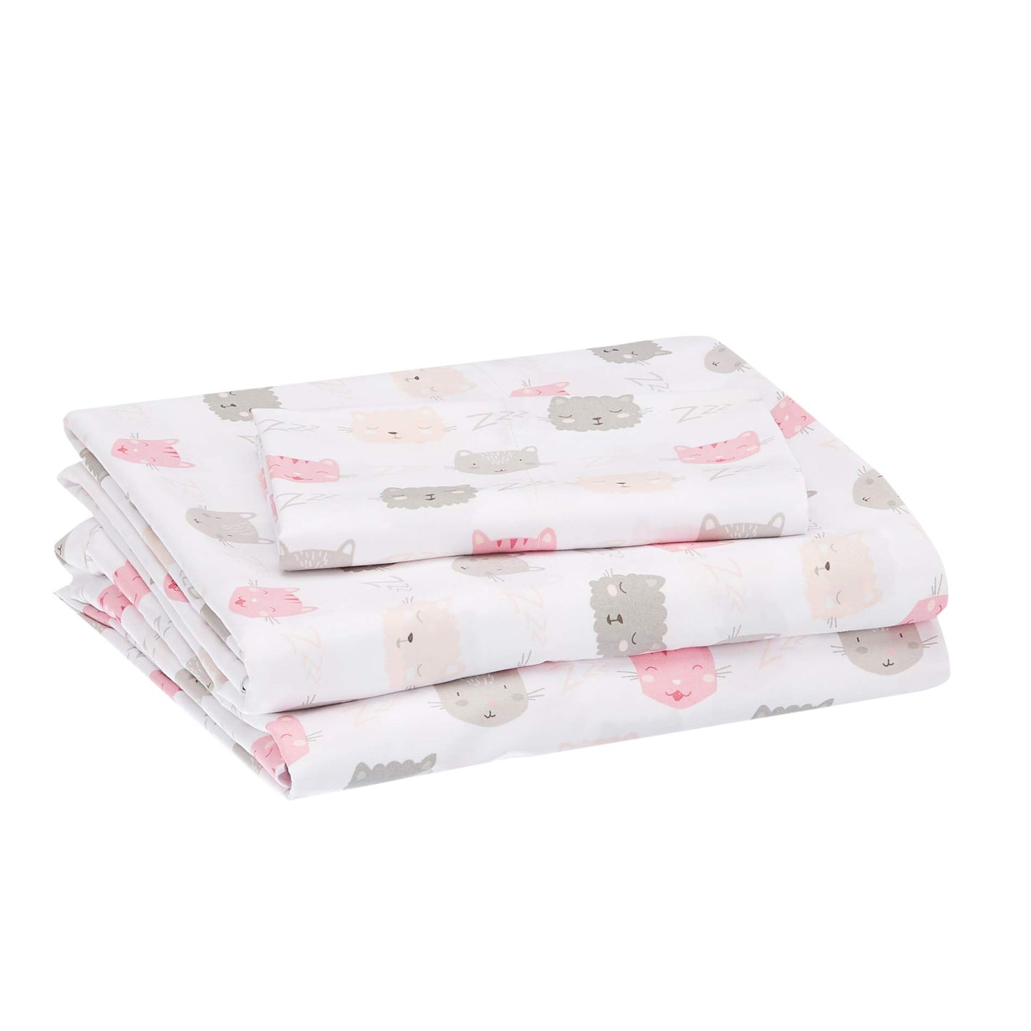 Amazon Basics Kid's Soft, Breathable, Easy-Wash Microfiber 3-Piece Sheet Set with Pillowcase, Twin, Peony Pink Kitties, Animal Print