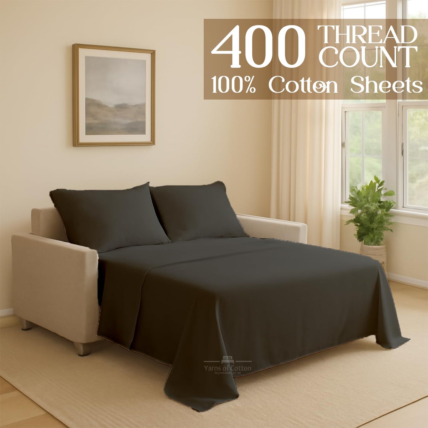 Sleeper Sofa Bed Sheet, 100% Cotton 400 Thread Count, 4 Piece Set, Deep Pocket Fitted Sheet, Soft Wrinkle Free & Breathable, Luxury Hotel Quality, Fits Up to 6 Inch Mattress (Full, Dark Grey)