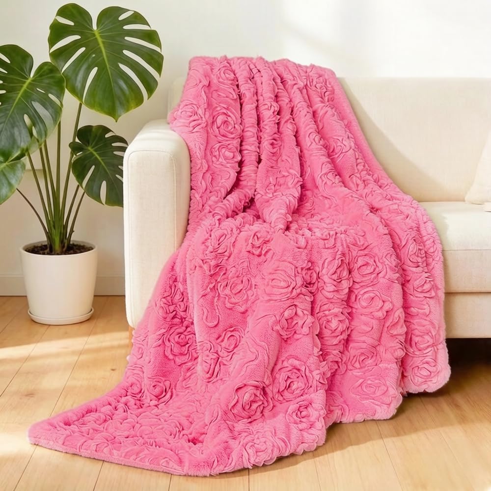 Double-Sided Faux Rabbit Fur Throw Blanket with 3D Rose Embroidery - Ultra Soft, Warm, and Luxurious for Couch, Bed, or Sofa (Pink,Twin (51" x 63"))