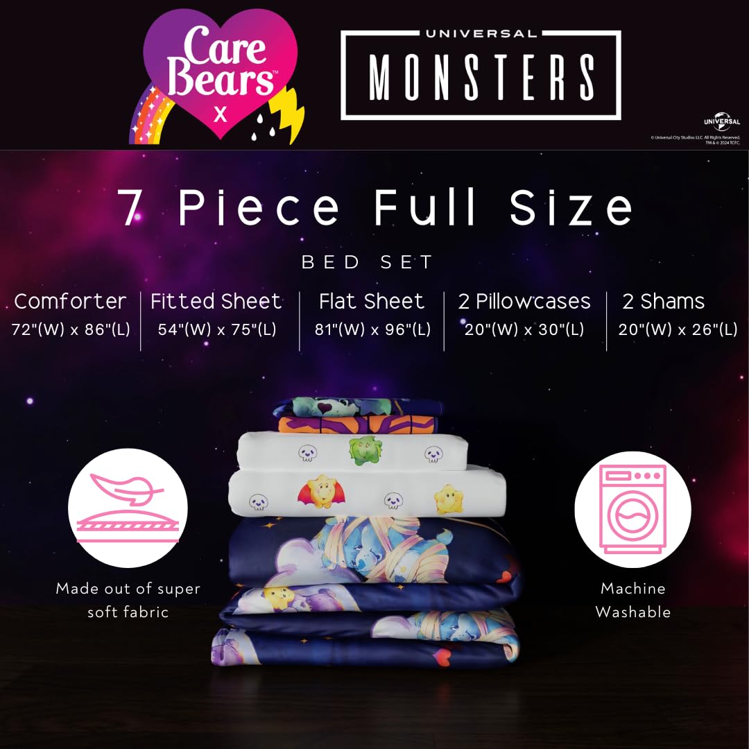 Care Bears x Universal Monsters Halloween Bedding 7 Piece Super Soft Cozy Reversible Comforter and Sheet Set with Sham, Full, (Officially Licensed Product) By Franco