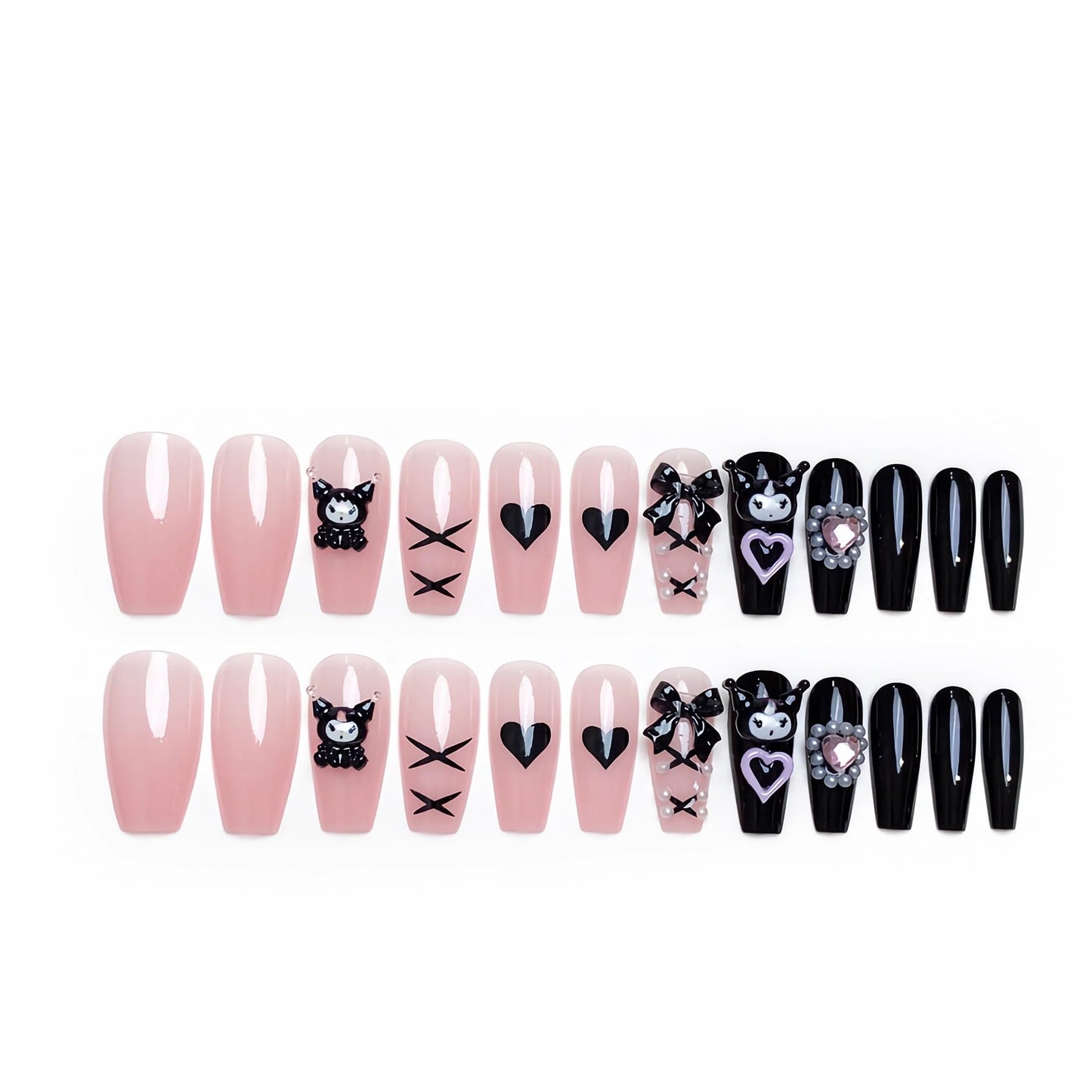 BABALAL Press on Nails Medium Coffin Fake Nails Black Gothic Glue ons Cute Heart Anime Charm Design Acrylic Nails 24Pcs Luxury Bling Ballerina Manicure DIY Goth False Nail for Women Girls