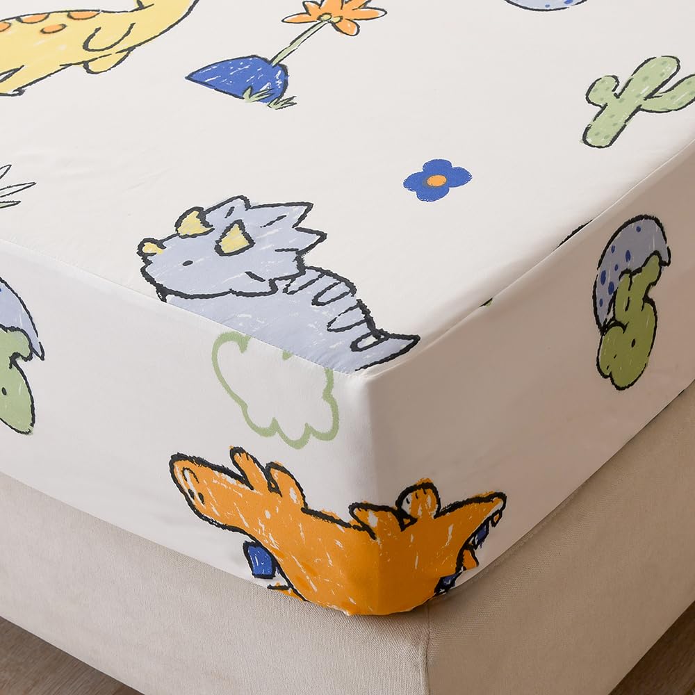 NATURETY Bedding Fitted Sheet with Deep Pocket,Thicken Printed Fabric Bed Sheets (Colorful Dino, Queen)