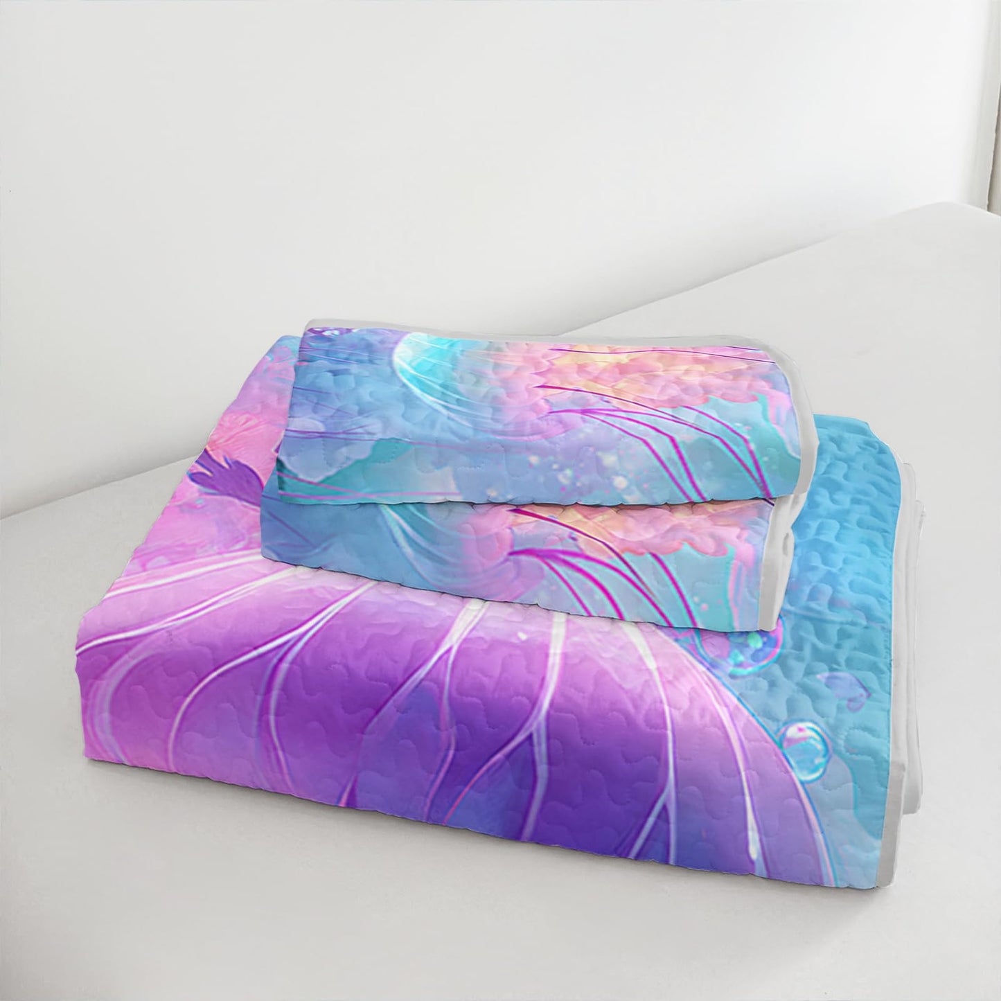 AILONEN Full Quilted Comforter 3-Piece Set Magenta Jellyfish Bedspread Coverlet 2 Pillowcases Soft Cyan Marine Bedding for Teens Guest Apartment Underwater Ethereal Aquatic Sea Glow