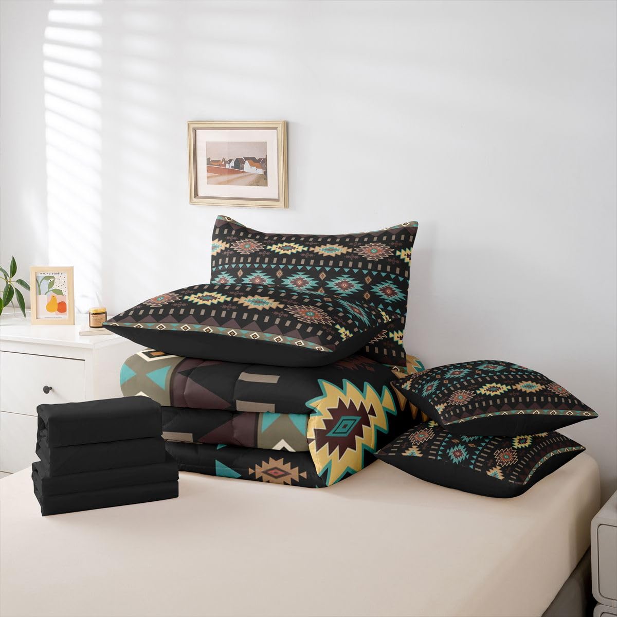 Erosebridal Aztec 7 Piece Bedding Set Queen Geometric Comforter Set with Sheets Rustic Boho Mysterious Tribal Retro Bed in a Bag Black Teal Southwestern Simple for Teens Men Women