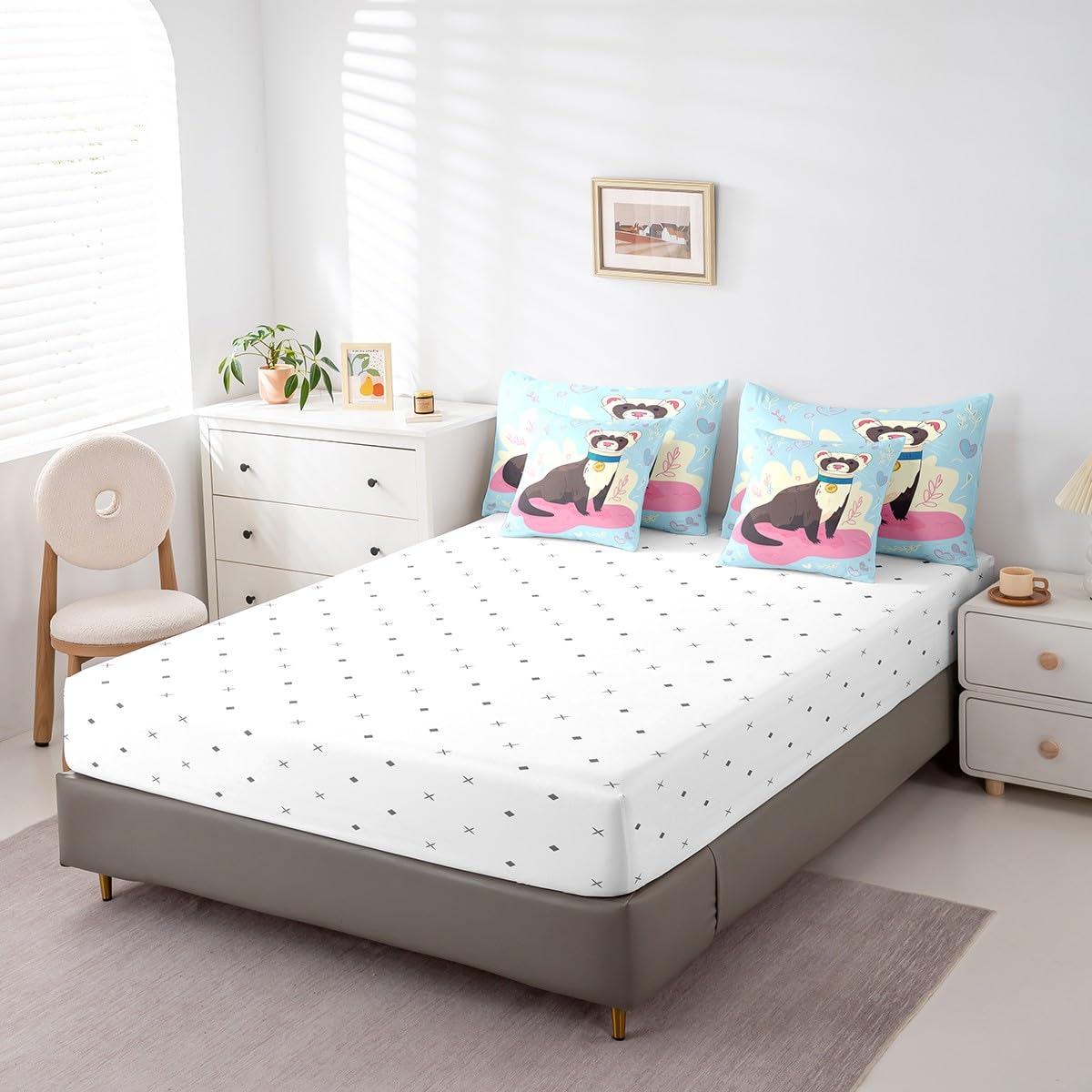 Erosebridal Ferret Comforter Set 7 Piece Bed in a Bag Twin,Cartoon Wildlife Pet Minks Weasel Animal Bedding Sets Kawaii Wild Animals Sheet Set with Comforter