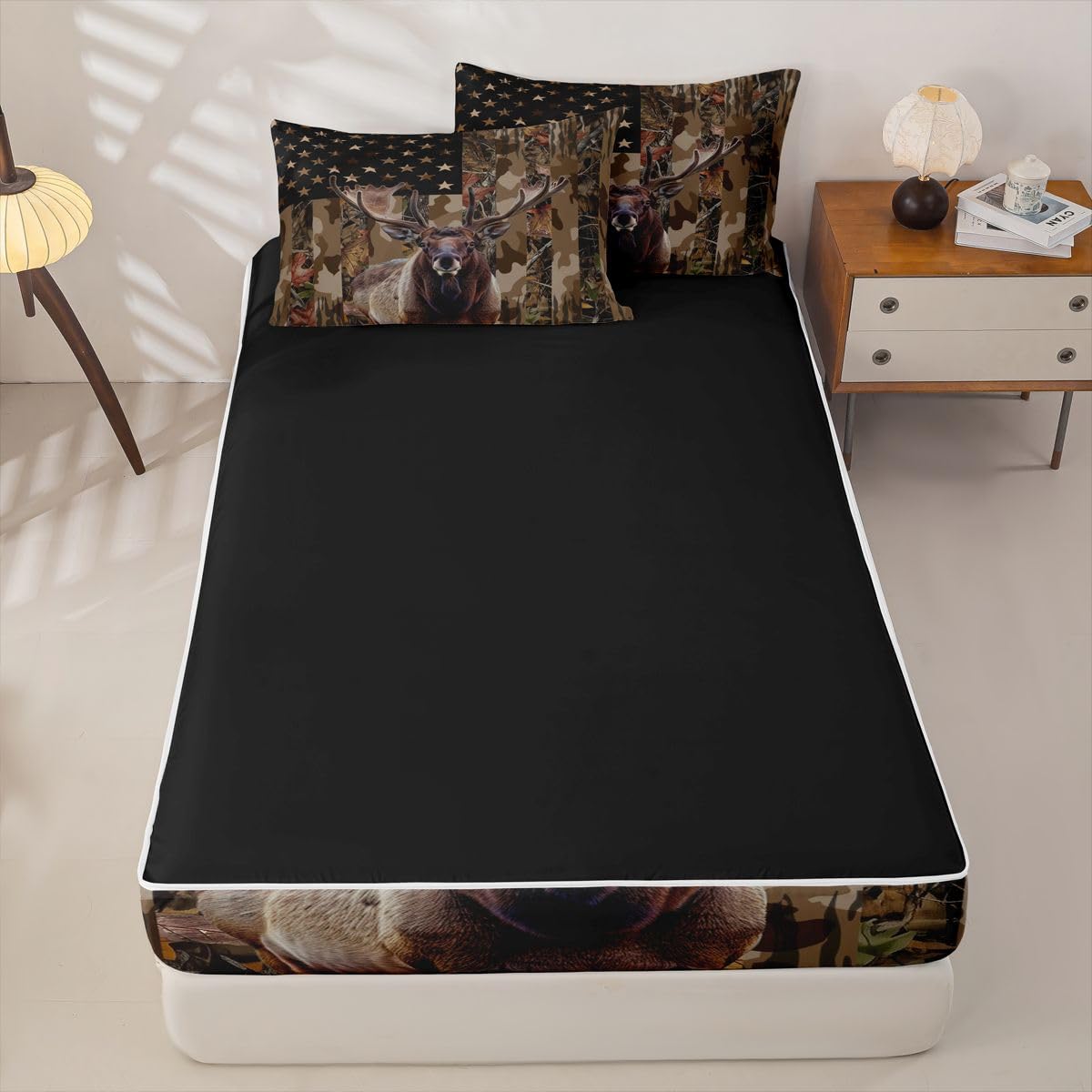 jejeloiu Moose Elk Hunting Camo Comforter Set Twin Rustic Western Deer Zipper Bedding Set for Kids Boys Girls American Flag Bed in a Bag Brown Camouflage Microfiber with 2 Pillow Cases