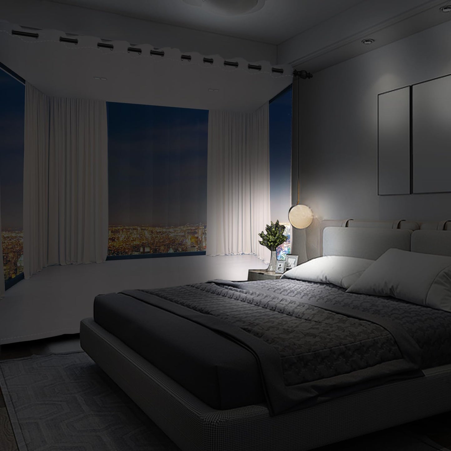 Leyiyi Window City Night View Window Curtains Empty Room 3D French Window Scenery Cityscape Modern Interior Room White Blackout Windows for Living Room Bedroom Kitchen 42x63 Inch,2 Panels
