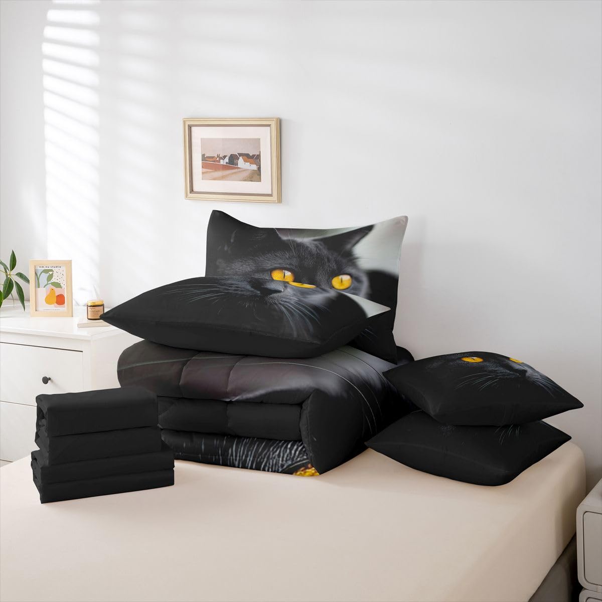 Erosebridal Black Cat King Size Comforter Set, Pet Pattern 7-Piece Bed in A Bag, Cute Kitten Sheets and Pillowcases, Black Bedding Set Room Decor