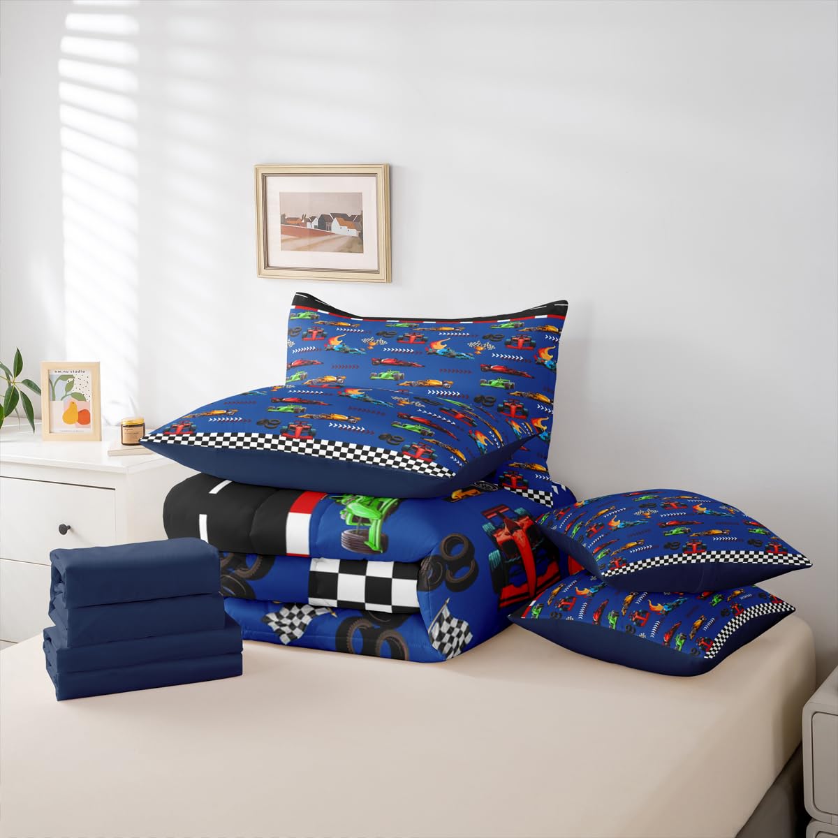 jejeloiu Blue Race Car Twin Comforter Set with Sheets for Kids Boys Girls Speed Sports Car 7 Pieces Bedding Set Extreme Sports Bed in a Bag Room Decor Soft Lightweight Microfiber