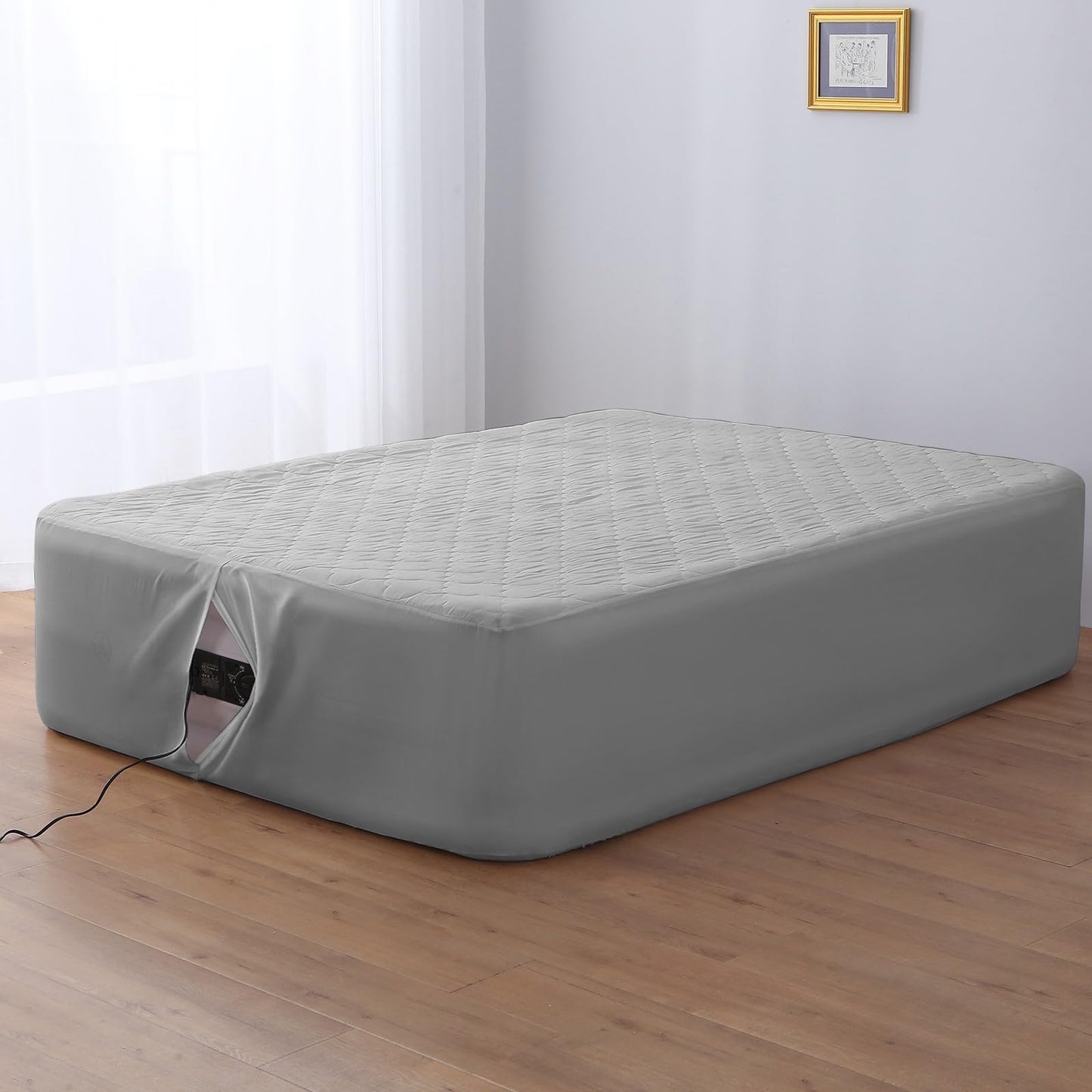 Queen Air Bed Mattress Pad with 15-24 Inch Deep Pockets - Waterproof Protector for Warm Sleep & Cold Air Insulation,Perfect for Camping, Guest Bed, Pets & Overnight Visitors-Gray