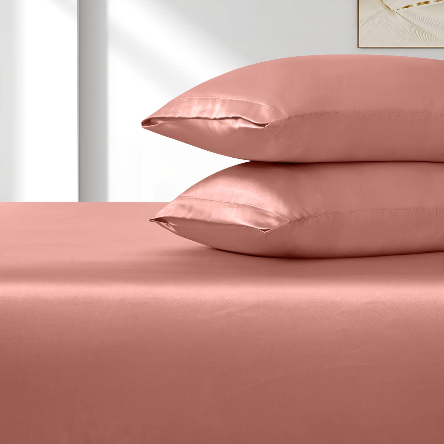 VACVELT 3pcs Extra Deep Pocket Satin Fitted Sheet Set King Bed Set, Rose Gold Bottom Sheet Fit 18-24 Inch Deep Pocket Mattress, Silky Bedding Set Soft & Ultra Deep Fitted Sheet & 2 Pillowcase