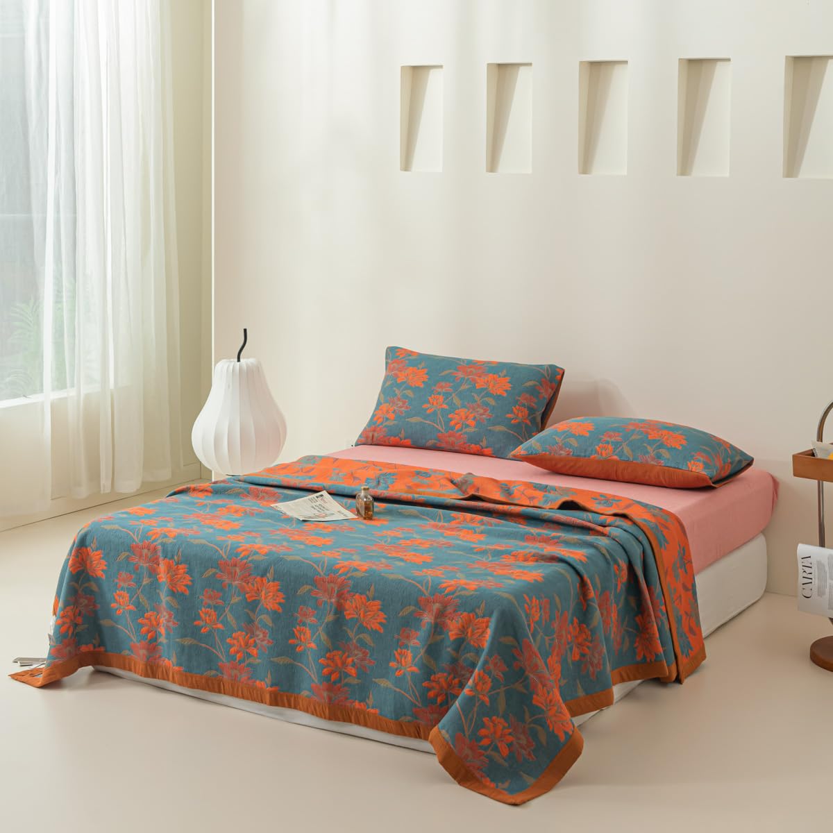 Purefair 100% Cotton Muslin Blanket Jacquard Floral Flowers Bloosom Print Quilt, Soft Bed Cover Reversible Bedspread Coverlet Breathable Lightweight Bedding Full/Queen(78"x94"), No Pillow Sham