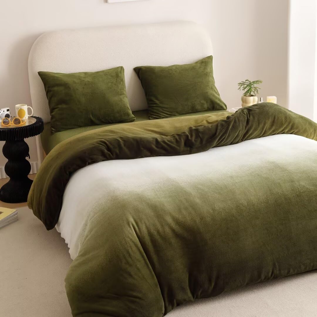 CLOTHKNOW Dark Green Velvet Duvet Cover Set Queen 3Pcs Green White Bedding Sets Fluffy Olive Green Bedding Duvet Cover Sets Soft Flannel Bedding Queen Sets Hunter Green Bedding Cover Sets Queen