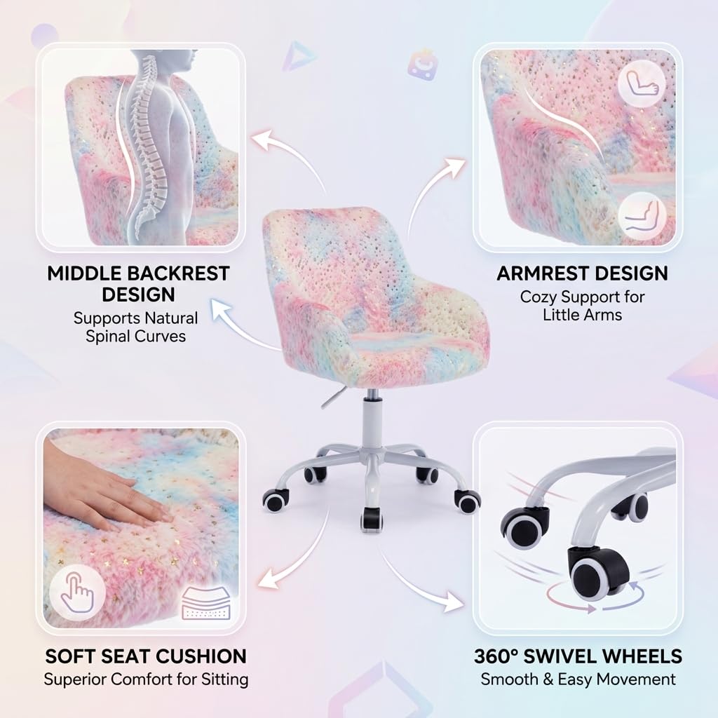 Ya-Home Kids Desk Chair Cute Swivel Reading Chair, Upholstered Adjustable Faux Fur Study Chair with White Wheels for Reading Room Bedroom, Colorful