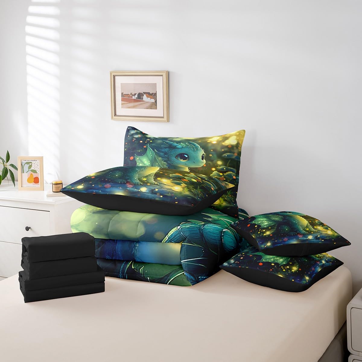 Feelyou Dragon Comforter Set with Sheets Twin Size Dragon Stuff Bed in a Bag for Boys Girls Teens Kawaii 7 Pieces Bedding Set Dragon Decor Bed Set Room Decor Bright Green
