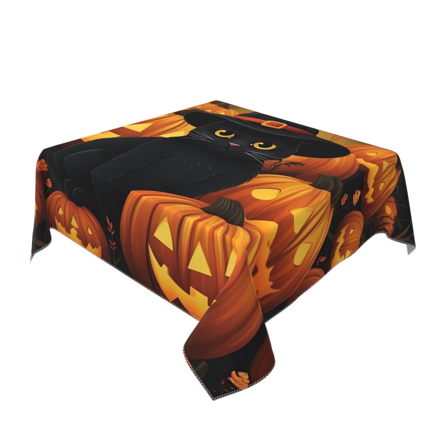 Entemne Square Table Cloth 55x55 Inch Halloween Pumpkin Pattern Cut Cat Tablecloth Washable Soft Wrinkle Free Dust Proof Card Table Cover for Tea Party Picnic Kitchen Dining Decor