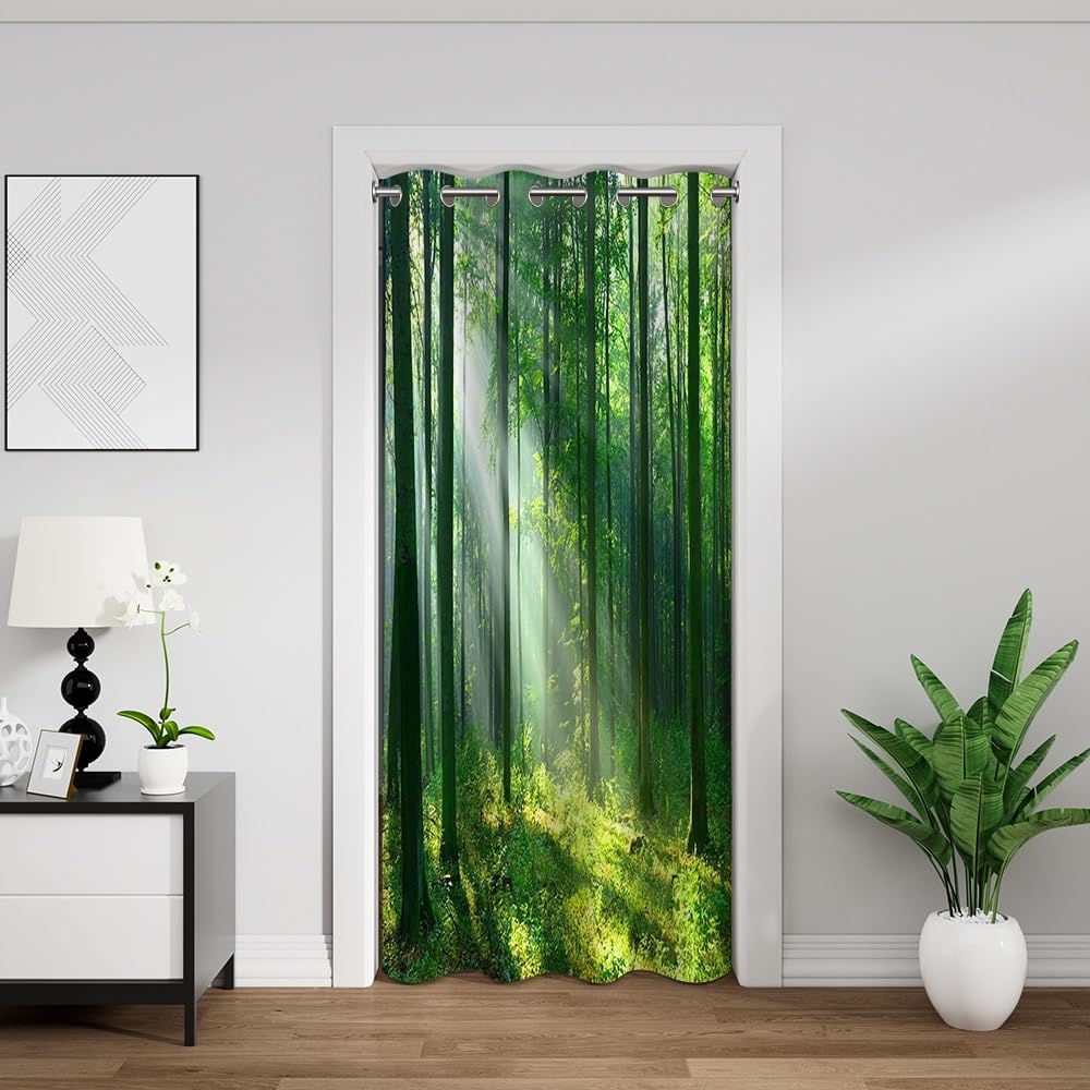 Spring Forest Door Curtains for Doorway Privacy National Forest Park Plants Lush Tree Sunshine Nature Scenery Closet Door Cover Curtain for Bedroom Living Room 47x79 Inch,1 Panel