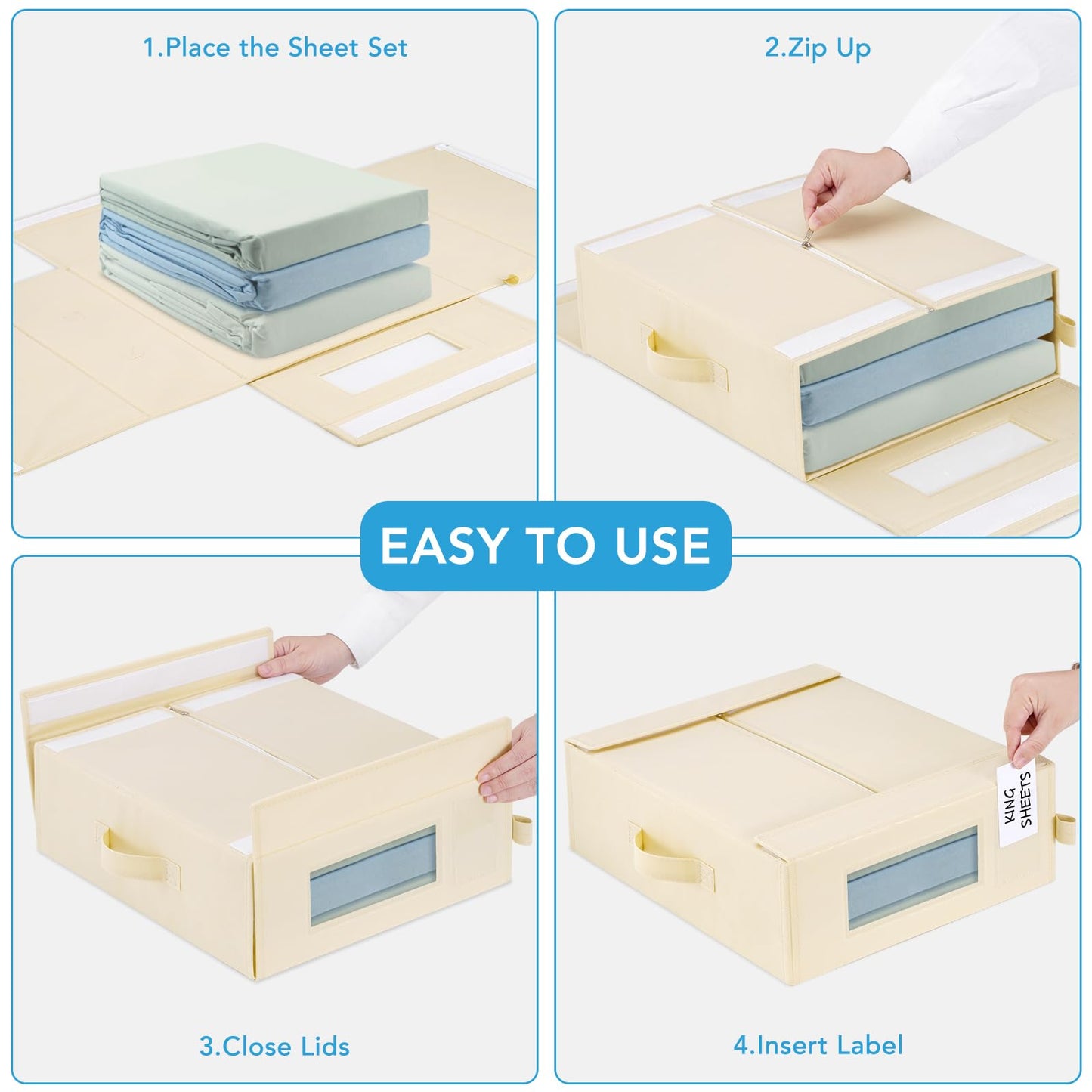 Baesyhom 6 Pcs Bed Sheet Organizers and Storage, Large Size Sheet Set Organizers (Queen & King) Duvet Covers Blanket Storage for Linen Closet with Handle, Zipper, Label and Clear Window, Grey & Beige