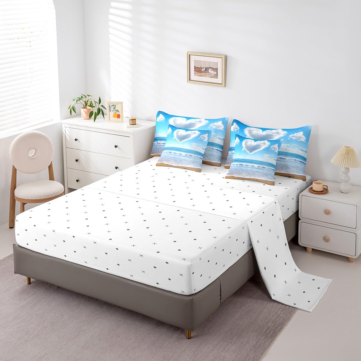 jejeloiu Beach Comforter Set 7 Pieces Full Size Kids Ocean Print Coastal Bed in a Bag for Boys Girls Love Pattern Bedding Set Natural Landscape,Comforter + Sheets + Pillowcases + Cushion Covers