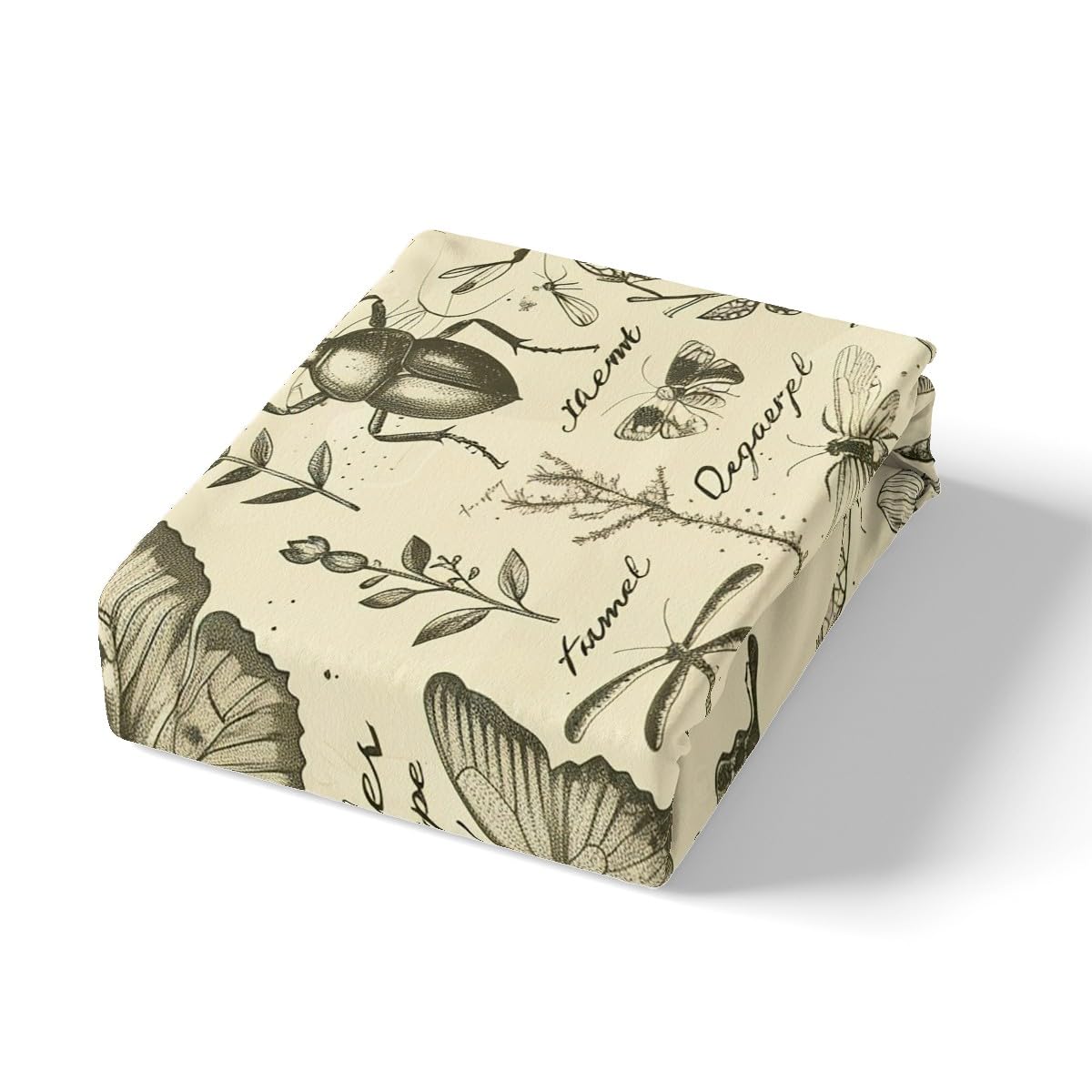 Butterfly Moth Fitted Sheet Full Size,Insects Beetles Entomological Theme Bedding Set for Kids Teens Boys Girls Room Decor,Sketch Palm Leaf Botanical Bed Sheet Rustic Boho Deep Pocket Sheet 3Pcs
