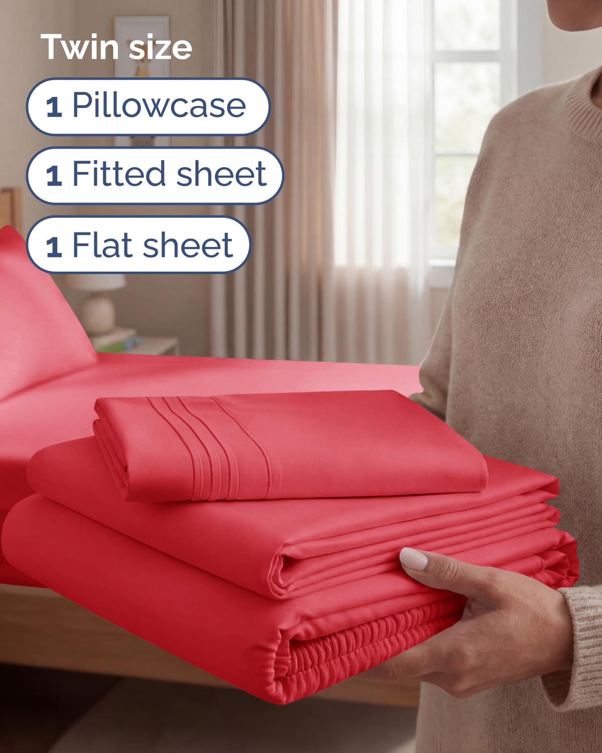 Twin Size 3 Piece Sheet Set - Comfy Breathable & Cooling Sheets - Hotel Luxury Bed Sheets for Women & Men - Deep Pockets, Easy-Fit, Extra Soft & Wrinkle Free Sheets - Red Oeko-Tex Bed Sheet Set