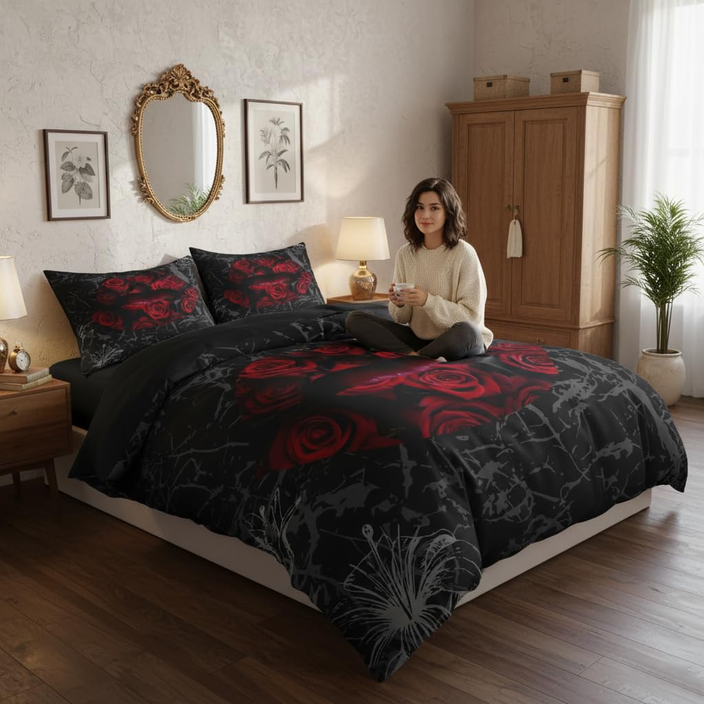 CCoutueChen Black Red Rose Lips Comforter Set Queen Size 3 Pieces, Gothic Floral Bedding Set, Dark Romantic Red Rose Print Comforter, Soft Microfiber All Season Bedroom Decor with 2 Pillow Shams