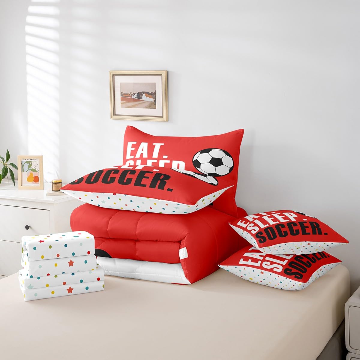 Feelyou Football Comforter Set 7 Piece Soccer Ball Sports Bedding Twin Comforter Set for Boys Girls Women Men Red Eat Sleep Football Bedding Set Ball Games Room Decor Bed in a Bag