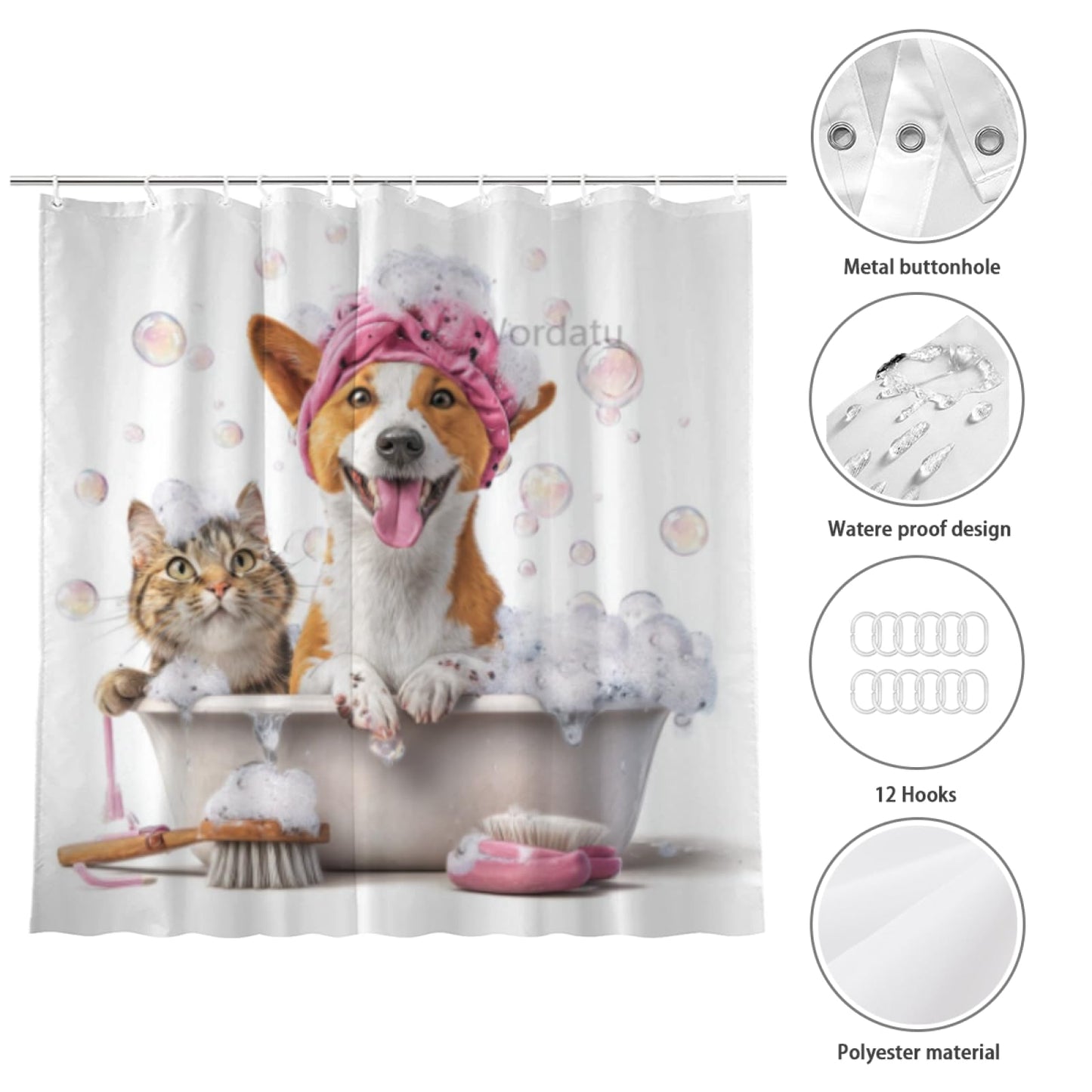 Wordatu Funny Basenji Shower Curtain Decor Fabric Bathroom Curtains, Kids Children Cartoon Waterproof 72x72 inch with 12 Hooks