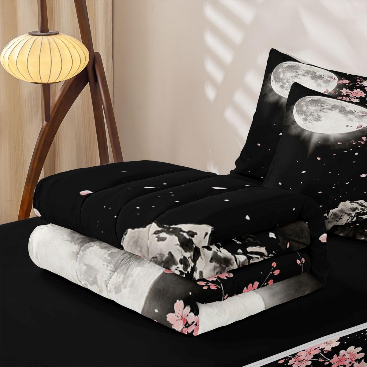 Feelyou Cherry Blossom Zipper Bedding for Kids Full Size Japanese Anime Bed in a Bag with Sheets, Comforter, Pillowcases Flower Floral Comforter Set for Boys Girls Bedding Sets Durable
