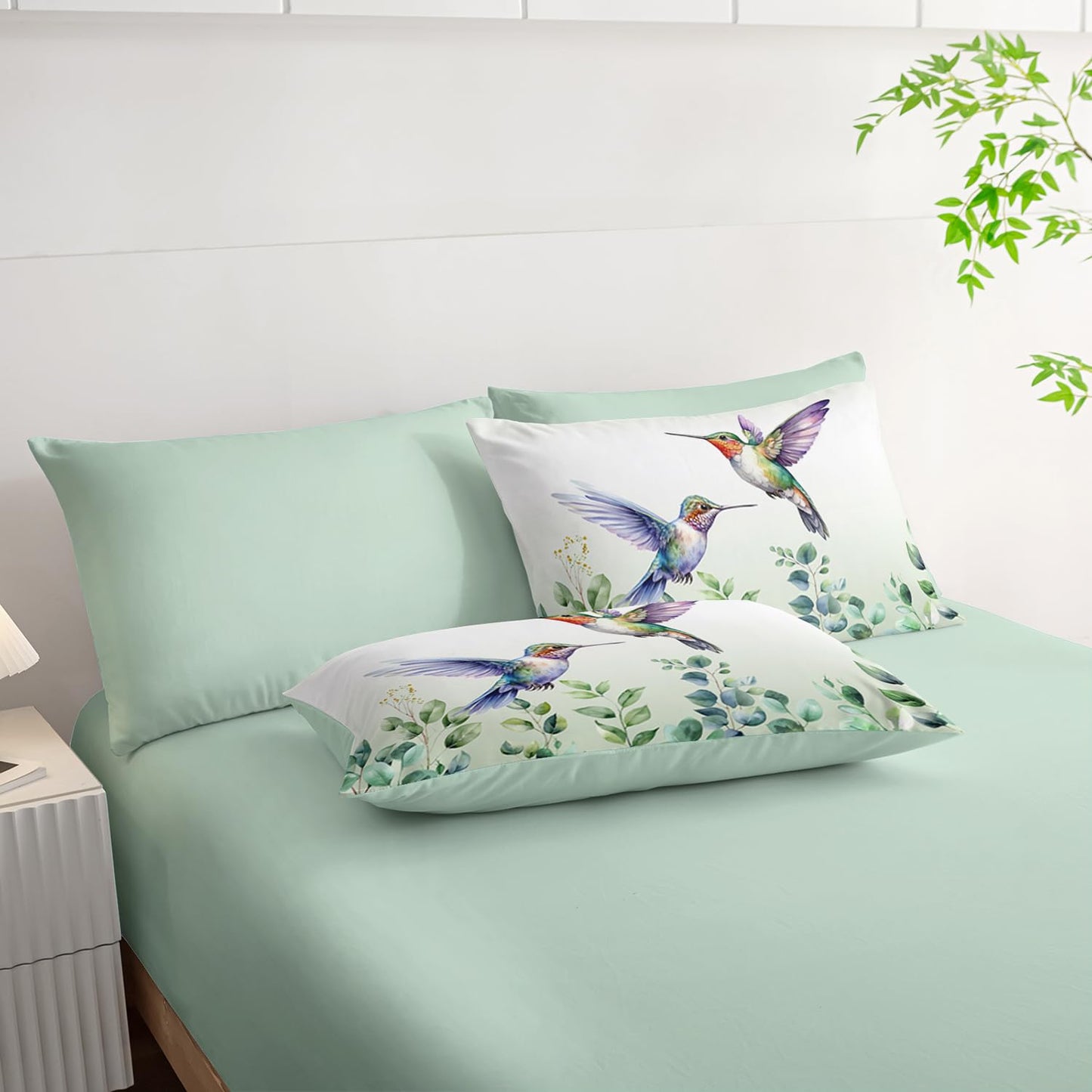 AILONEN Hummingbird Comforter Set,7-Piece Boho Green Forest Leaf Hummingbird Bedding Set Bed in a Bag Twin Size,Cute Birds Animal Comforter & Fitted Sheet & Flat Sheet & 2 Pillowcases,Soft Microfiber