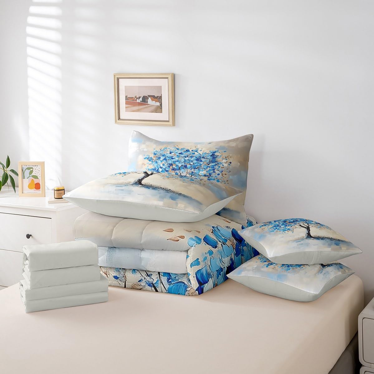 Dark Blue Tree Branches Pattern 7 Pieces Bedding Set Twin Size Kids Leaf Branches Bed in a Bag with Comforter, Pillowcases Fallen Leaves Bed Set Breathable Botanical Room Comforter Set with Sheets