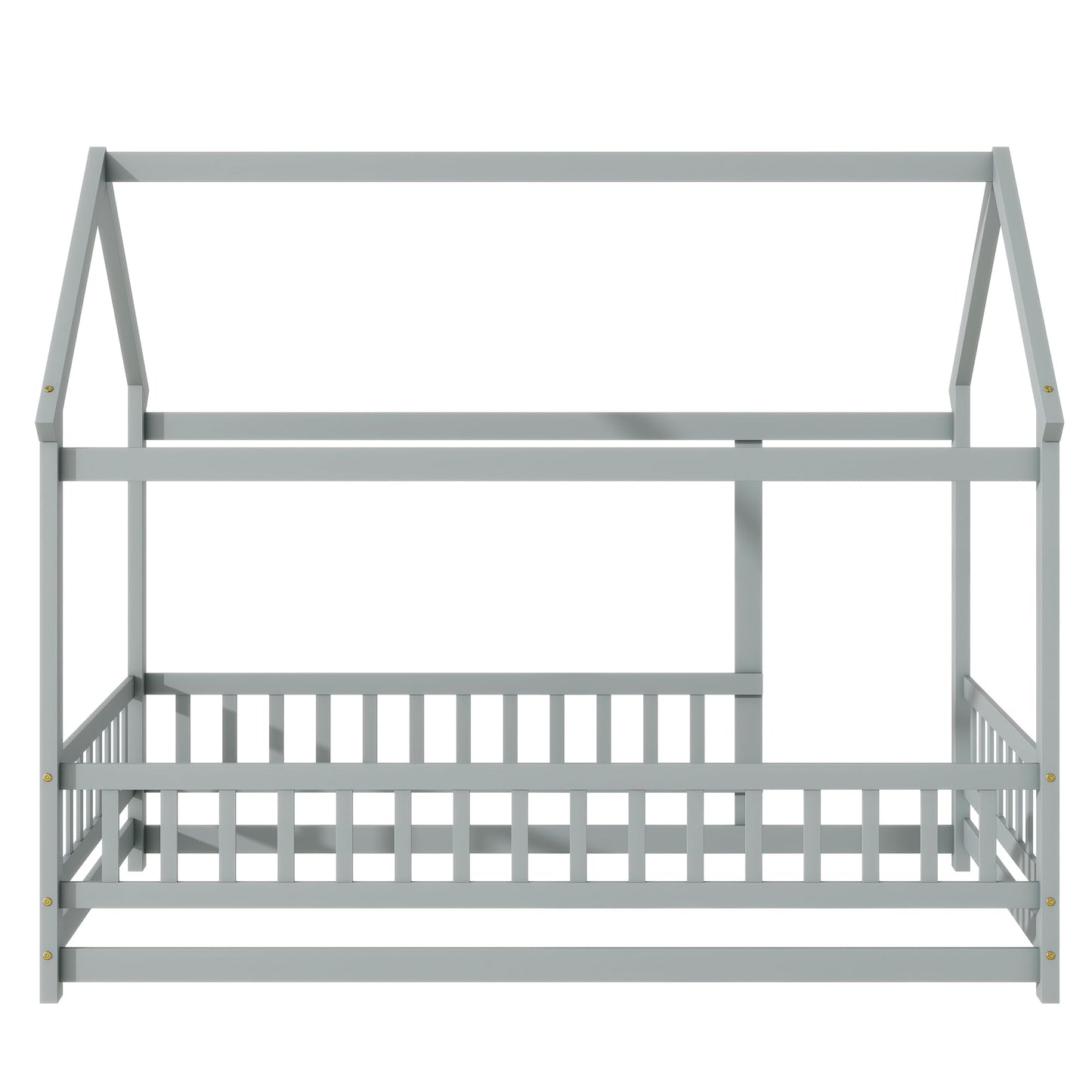 PVWIIK Twin Montessori Floor Bed with High Rails & Roof for Kids Bedroom,High Rails Bed Frame with Fence,No Box Spring Needed, Grey
