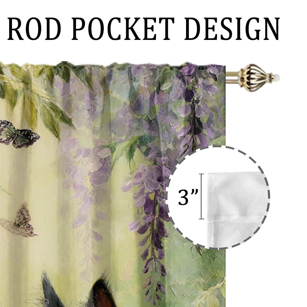 XSUPFLYM Cute Beautiful Spring Cat Window Thermal Curtain for Living Room Colorful Rustic Animals Black Cat Butterflies Plant Lilac Flowers Patt Blackout Curtains for Bedroom 2 Panels Each 21"W x 45"L