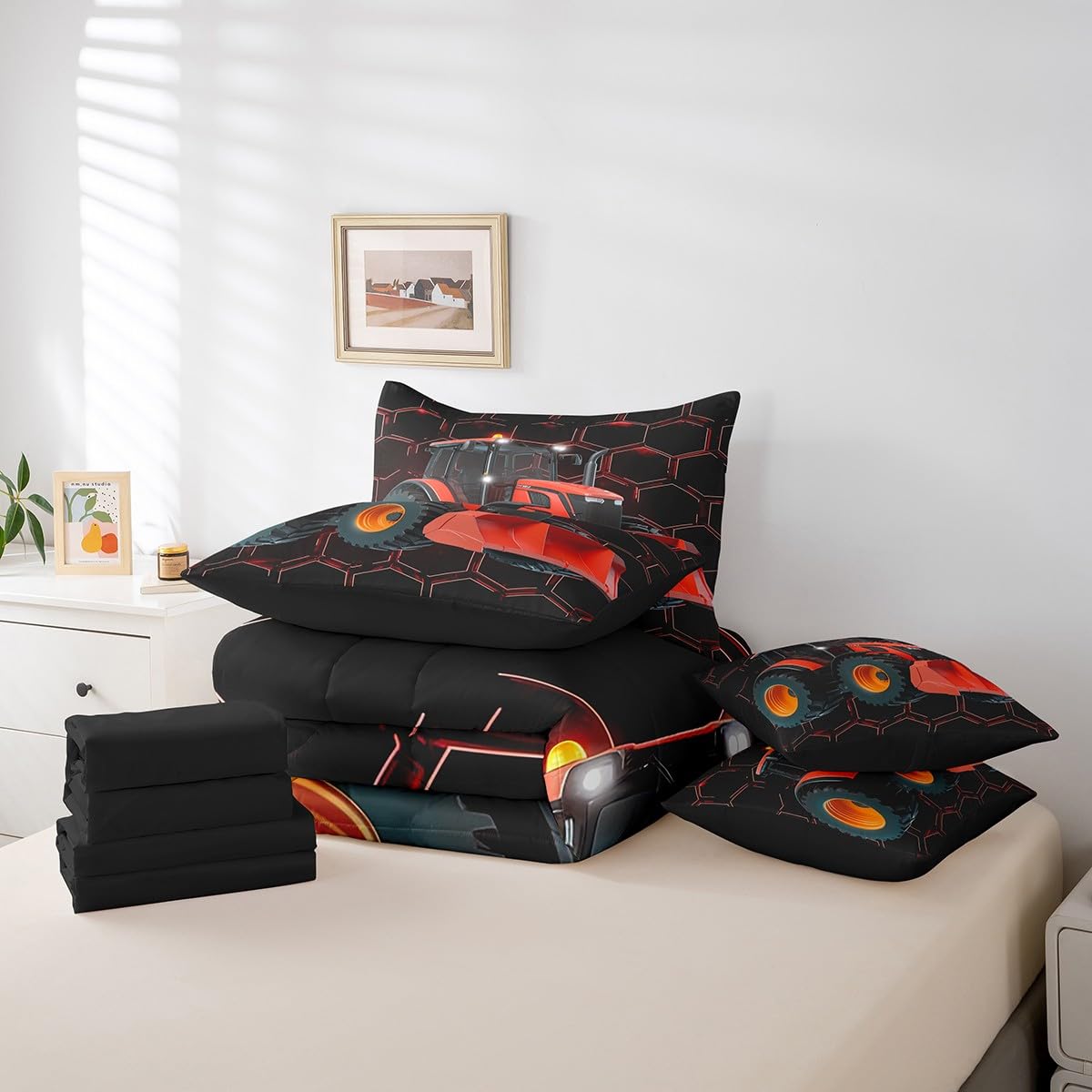 Erosebridal Construction Excavator 7 Piece Comforter Set Full Bed in a Bag,Red Honeycomb Geometric Bedding Sets Hexagon Beehive Truck Sheet Set with Comforter