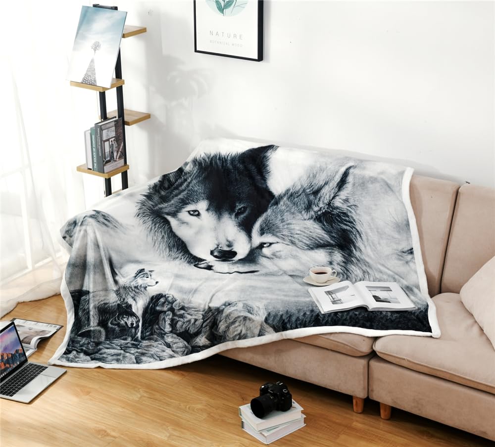 Gray Wolf Comfort Warmth Soft Cozy Air Conditioning Machine Wash Black and White Rose Skull Sherpa Fleece Blanket (Throw 60"x80") (Gray Wolf, L)